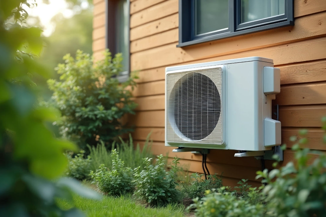 Modern heat pump unit installed on the exterior wall of a wood-sided home, surrounded by greenery.