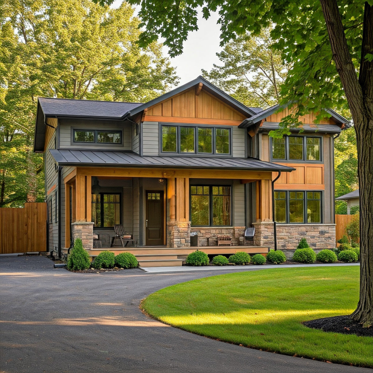 Modern two-story home surrounded by mature trees