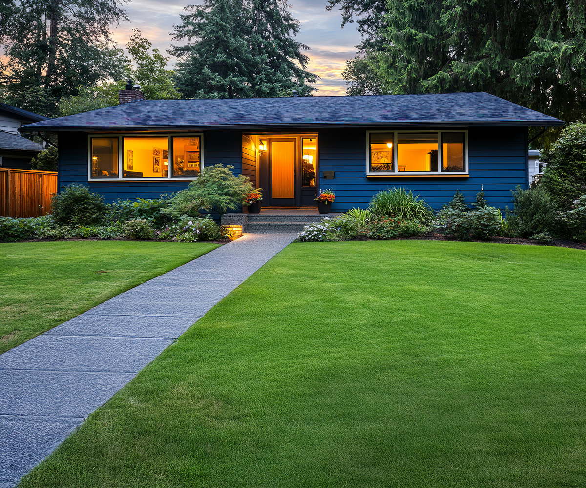 Blue single-story home with updated windows