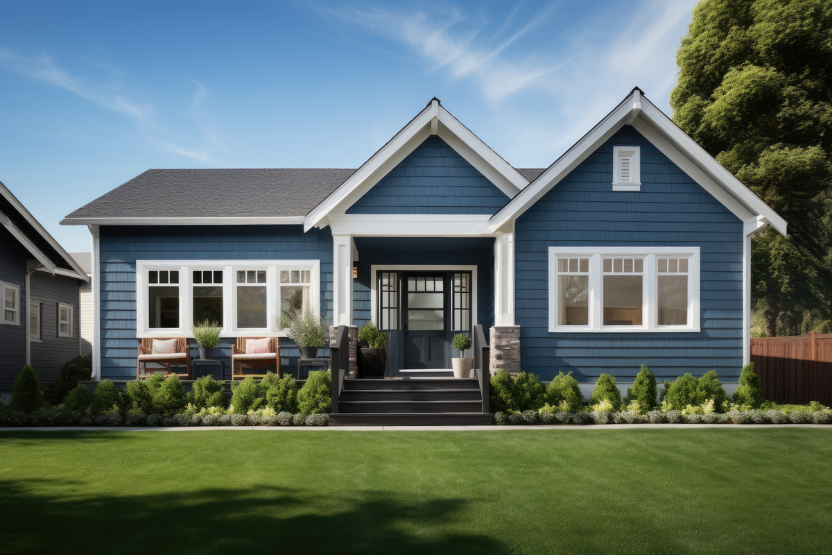 Blue Craftsman-style home with energy-efficient windows