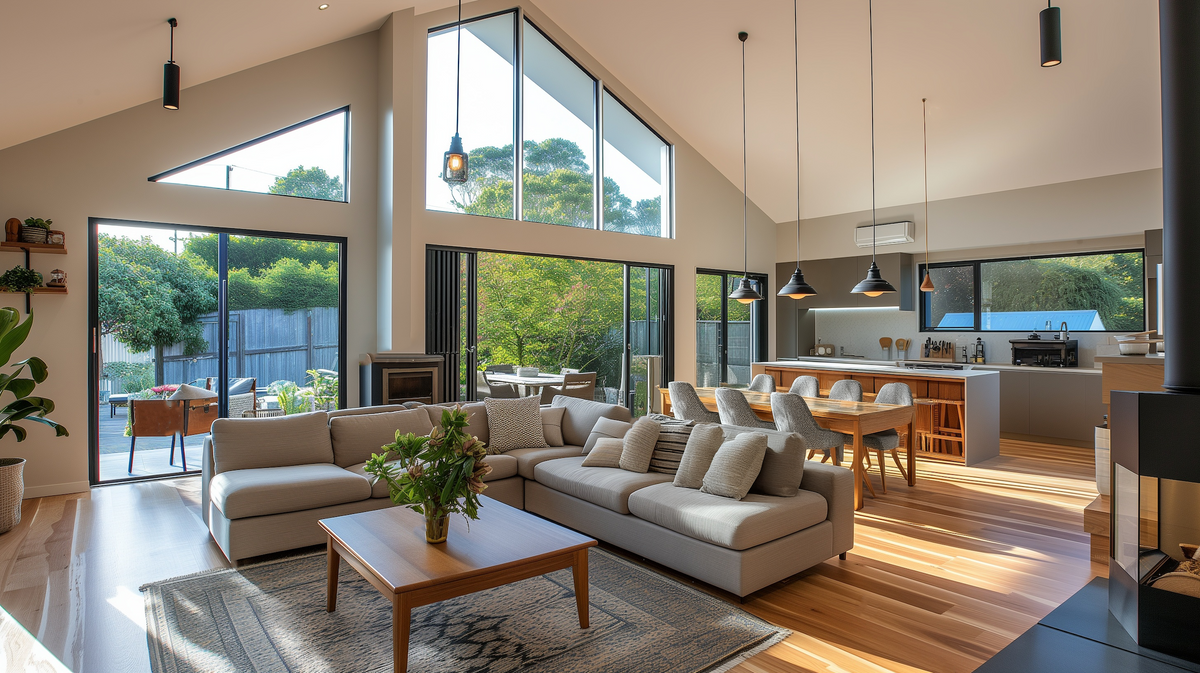 Bright energy-efficient living room and kitchen with large windows